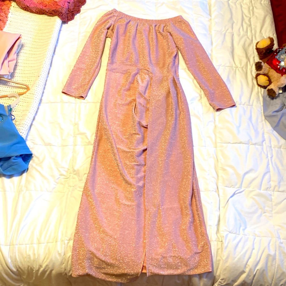 Pink glittery off the shoulder, long dress with slit in the front